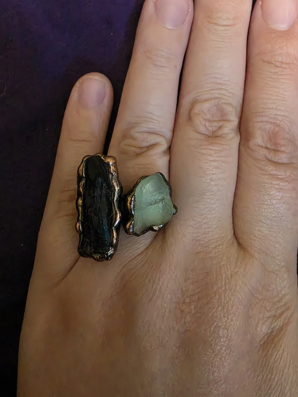 Adjustable Copper-Trim Multi-Stone Statement Ring — Black and Green Crystal